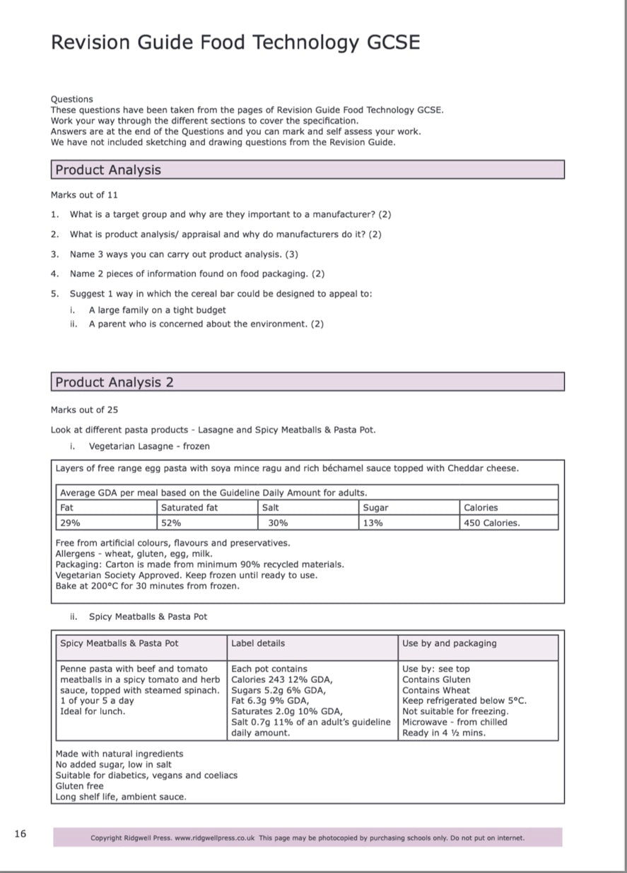 Speedy Revision Questions for Food Preparation and Nutrition GCSE -DOWNLOAD