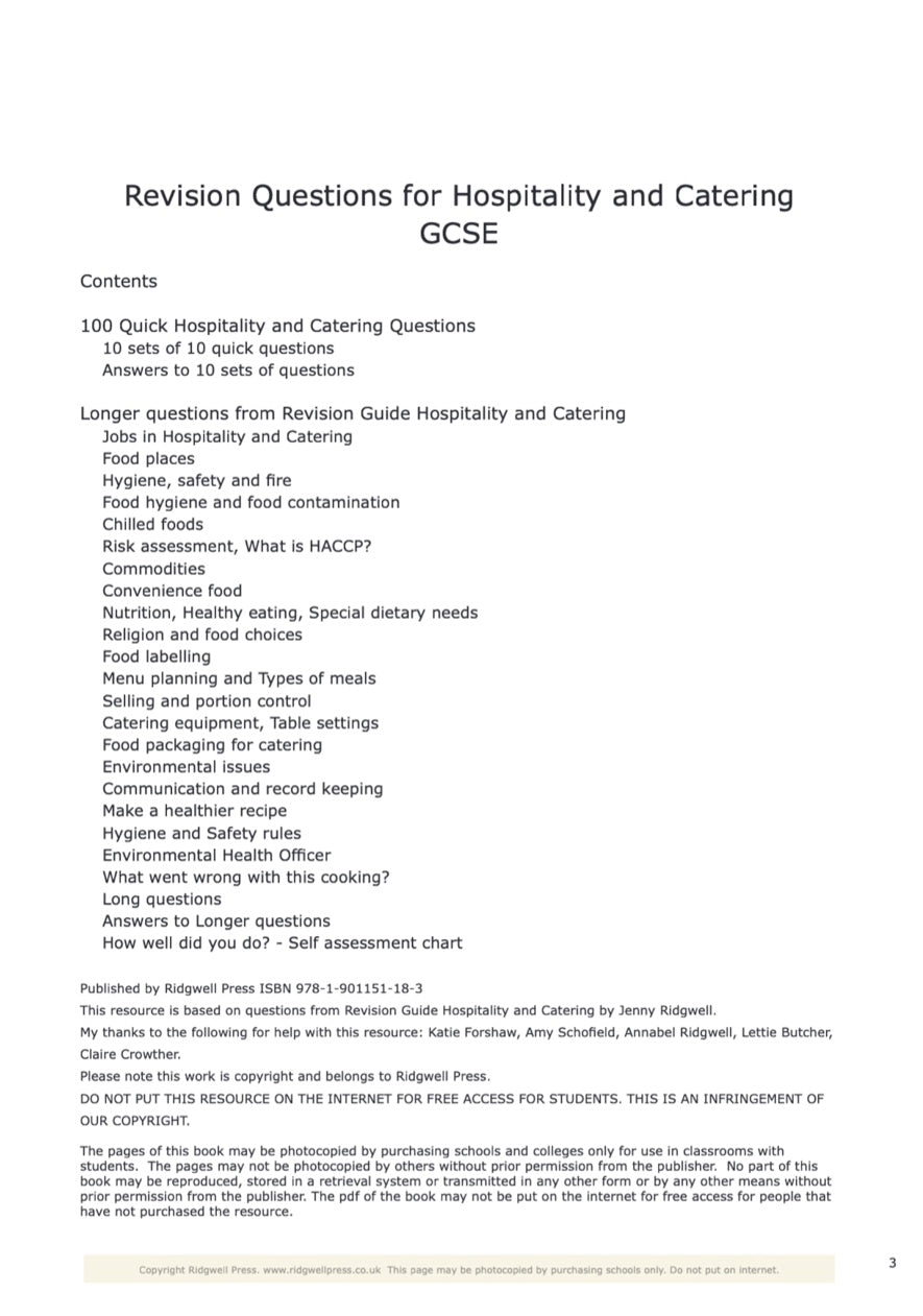 Revision Questions for Hospitality and Catering GCSE - DOWNLOAD