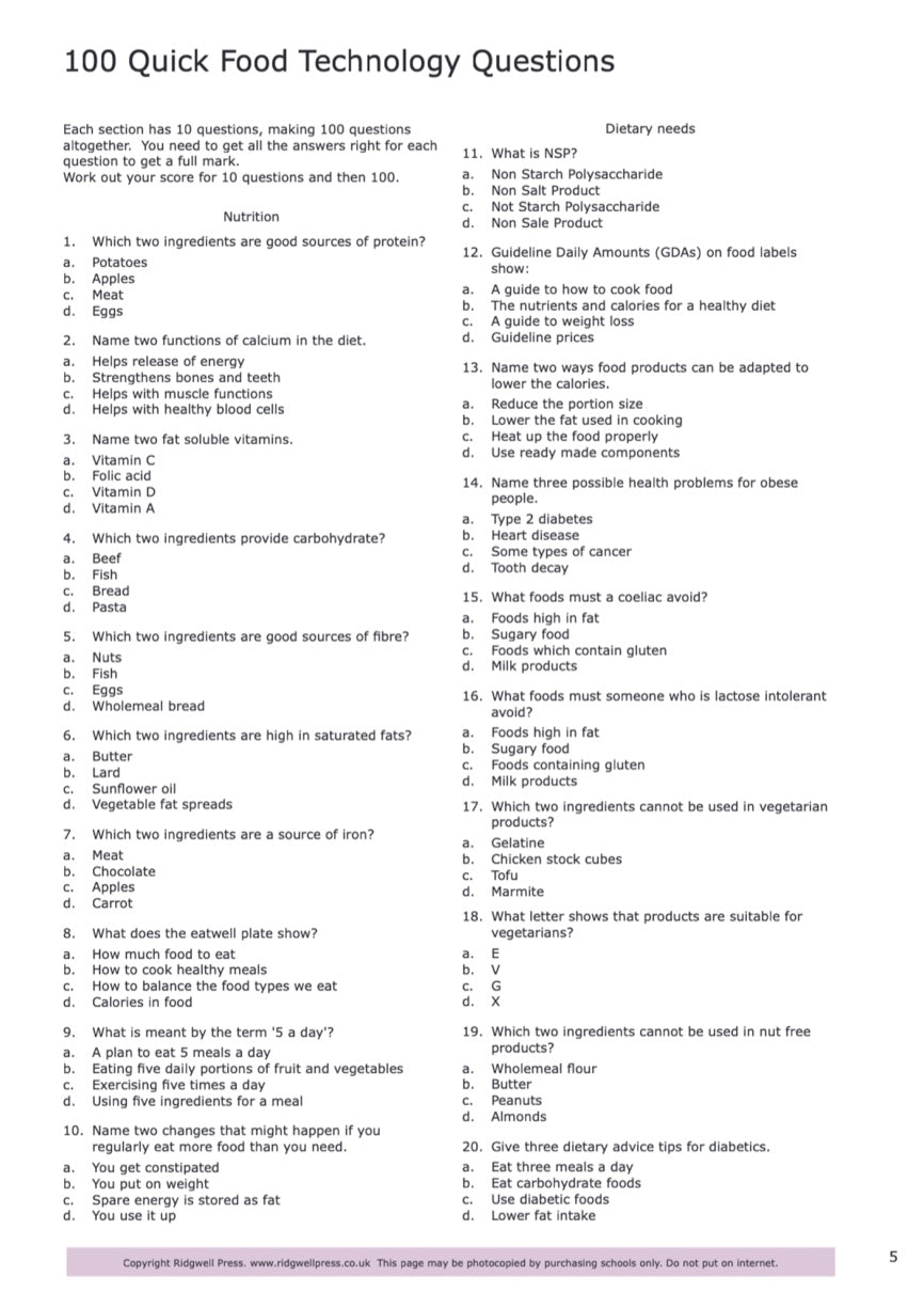 Speedy Revision Questions for Food Preparation and Nutrition GCSE -DOWNLOAD