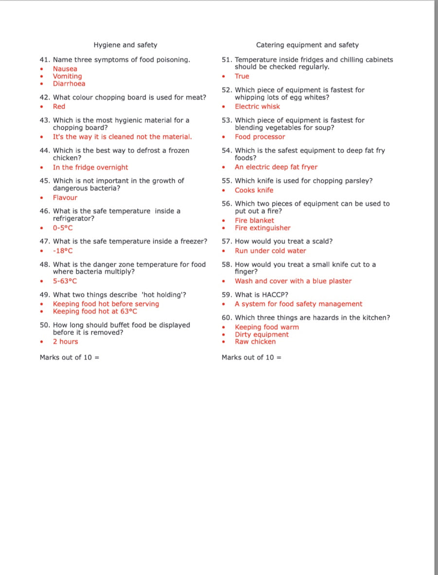 Revision Questions for Hospitality and Catering GCSE - DOWNLOAD