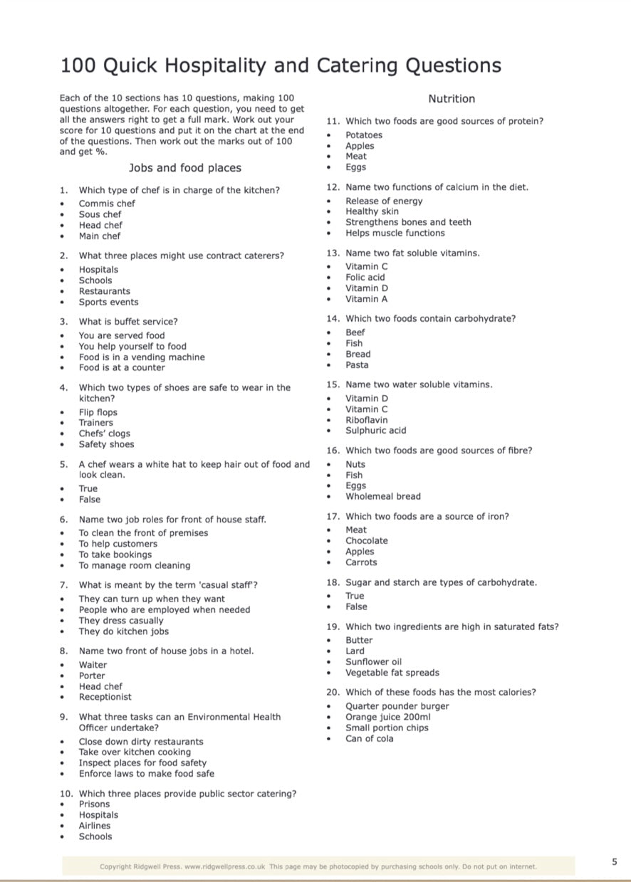 Revision Questions for Hospitality and Catering GCSE - DOWNLOAD