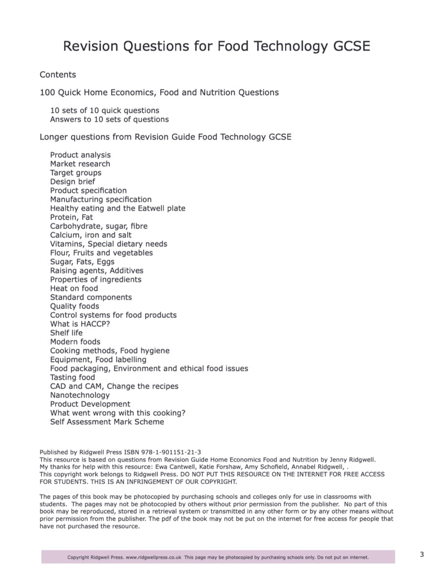 Speedy Revision Questions for Food Preparation and Nutrition GCSE -DOWNLOAD